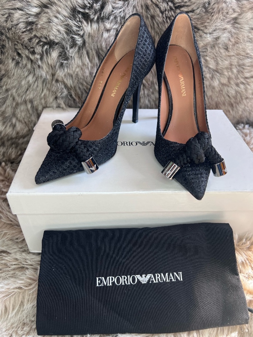 Emporio Armani Black Glitter Pointed-Toe Heels – Size 35